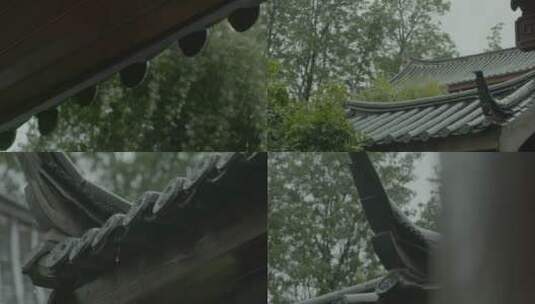 唯美丽江纳西族建筑园林下雨天屋檐空镜雨滴高清在线视频素材下载