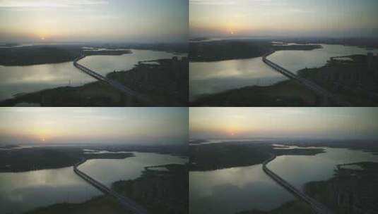 武汉江夏4环航拍太阳大桥湖景清晨709高清在线视频素材下载