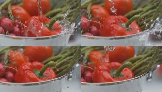 水倒入菜盆里的特写慢动作高清在线视频素材下载