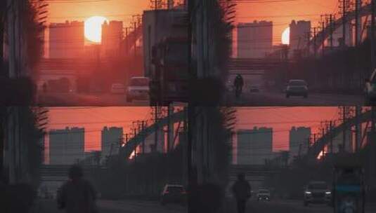 辽宁抚顺冬季重工业城市街道的夕阳落日长焦高清在线视频素材下载