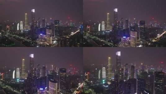 广州市中心珠江新城雨天夜景航拍高清在线视频素材下载