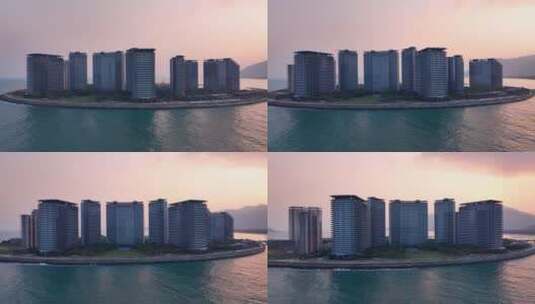 夕阳下的石梅湾日月岛建筑高清在线视频素材下载