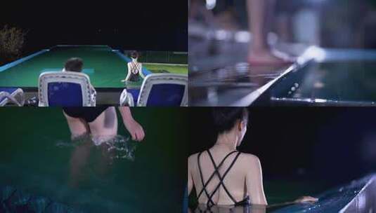 4K民宿游泳池美女下水游泳高清在线视频素材下载