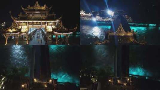 南桥上升俯瞰岷江都江堰夜景高清在线视频素材下载