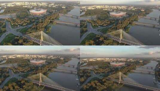 波兰华沙Swietokrzyski大桥和国家体育场的无人机视图高清在线视频素材下载