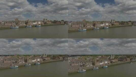 航拍天空和河面建筑高清在线视频素材下载