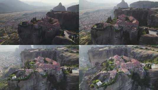 鸟瞰图——悬崖顶上的圣斯蒂芬修道院，俯瞰卡拉巴卡镇高清在线视频素材下载