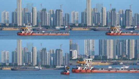 武昌绿地金融中心长江江面货船会船高清在线视频素材下载