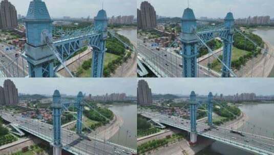 近距离航拍湖北武汉古田桥蓝色大桥汉江高清在线视频素材下载