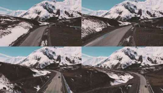航拍喜马拉雅山脉的雪峰和道路高清在线视频素材下载