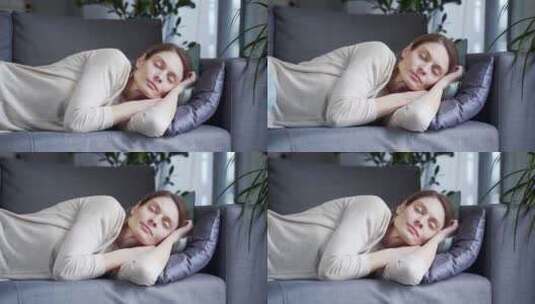 宁静的年轻女子休息午睡感觉压力自由睡在客高清在线视频素材下载