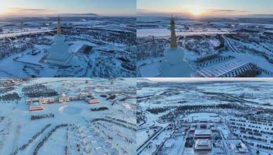 呼伦贝尔、海拉尔、两塔一寺、寺庙雪景、高清在线视频素材下载