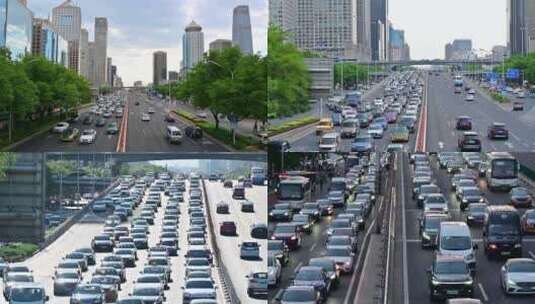北京长安街国贸交通出行高峰拥堵的车流高清在线视频素材下载
