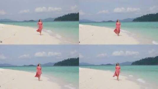 泰国岛屿美丽海滩上微笑的年轻女子的超慢动高清在线视频素材下载