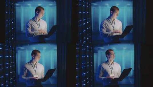 信息IT专家在笔记本电脑服务器机架前的数高清在线视频素材下载