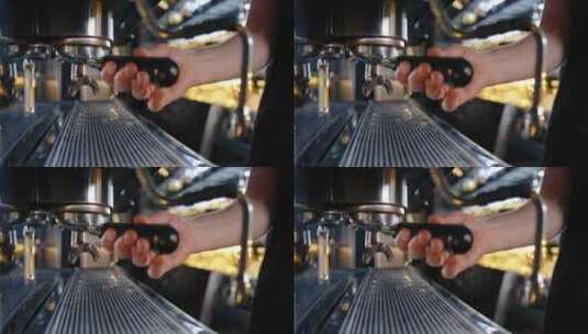 咖啡师在餐厅的咖啡机里煮咖啡高清在线视频素材下载