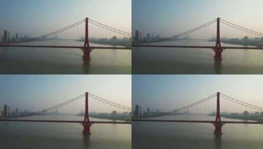 湖北省武汉市鹦鹉洲长江大桥日出航拍高清在线视频素材下载