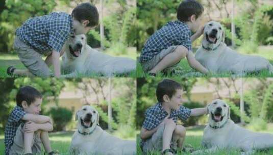 4K- 小男孩与狗狗在草地上玩耍高清在线视频素材下载