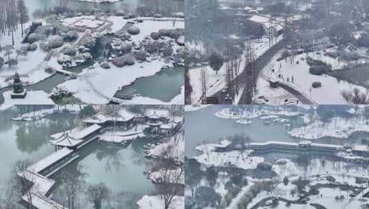 航拍扬州瘦西湖大明寺清晨园林雪景高清在线视频素材下载