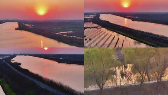 航拍农村夕阳落日河道池塘鸟群春景合集高清在线视频素材下载