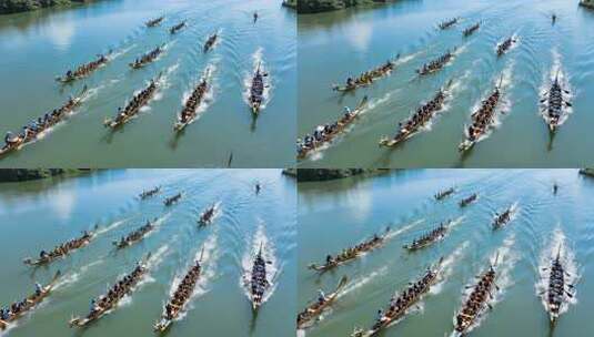 端午节河上龙舟比赛航拍画面高清在线视频素材下载