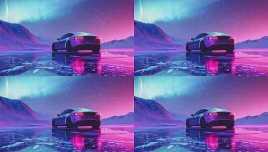 雪山极光下的轿车静景高清在线视频素材下载