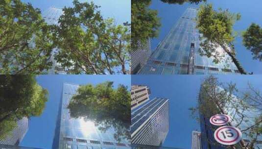 仰视城市的高楼风景阳光穿过树林高清在线视频素材下载
