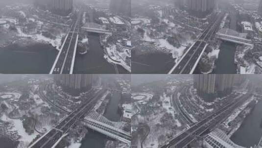 武汉沙湖大桥大雪航拍高清在线视频素材下载