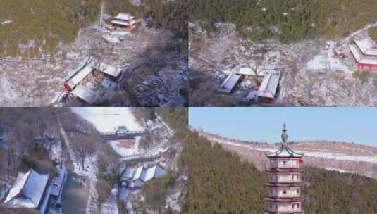 航拍枣庄青檀寺雪景岳飞楼高清在线视频素材下载