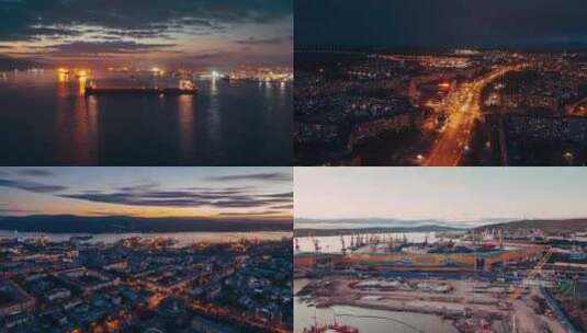 城市航拍大海港口码头汽车日转夜灯光夜景高清在线视频素材下载