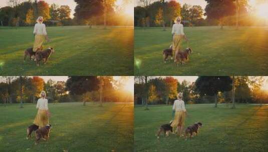 女人牵着狗走向日落的方向高清在线视频素材下载