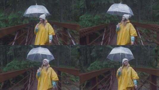 在雨林中带着透明雨伞沉思漫步高清在线视频素材下载