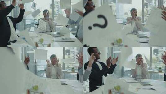 快乐的商人、掌声和文件在办公室庆祝、会议高清在线视频素材下载