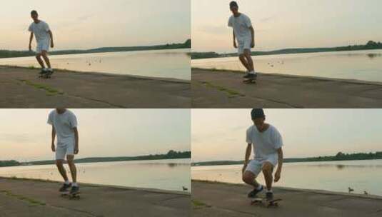 人在湖边玩滑板的男孩高清在线视频素材下载