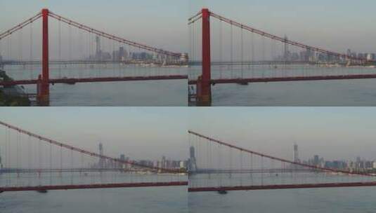 武汉江滩航拍旁晚鹦鹉洲大桥车江面江岸高清在线视频素材下载
