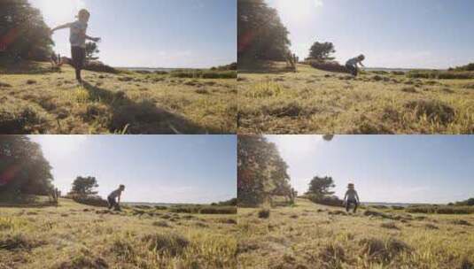 男孩在草地上欢快的跳跃高清在线视频素材下载