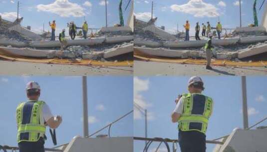 安全员在桥梁坍塌的事故现场排查高清在线视频素材下载