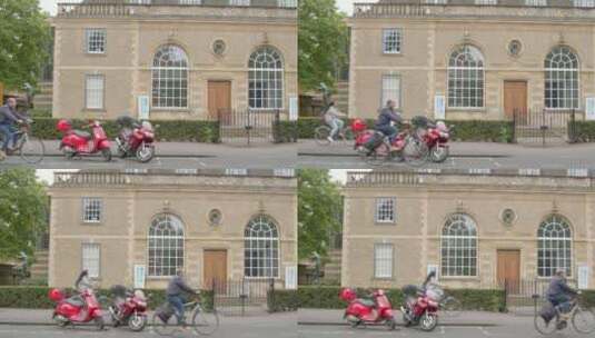 两个人骑自行车经过博物馆高清在线视频素材下载