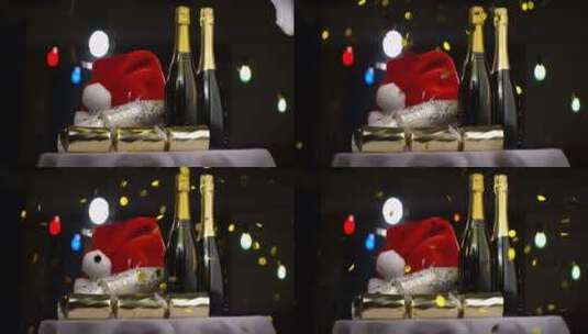 香槟圣诞帽和五彩纸屑的特写镜头高清在线视频素材下载