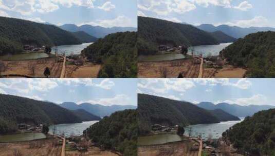 泸沽湖山脚下农田村庄一角高清在线视频素材下载