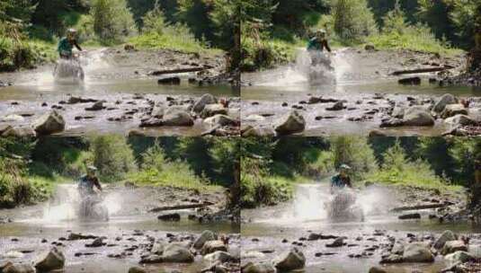 越野摩托车手在山上过一条河高清在线视频素材下载