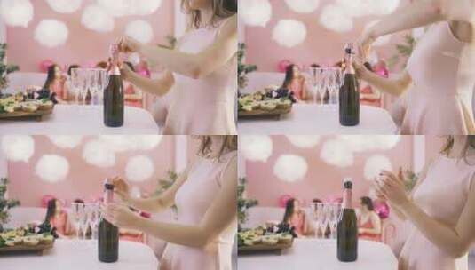 女人打开一瓶香槟高清在线视频素材下载