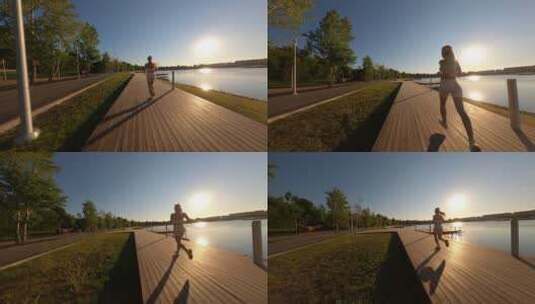 女子清晨在湖边跑步健身高清在线视频素材下载