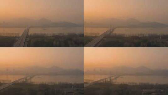 杭州富阳区富春大桥夕阳航拍高清在线视频素材下载