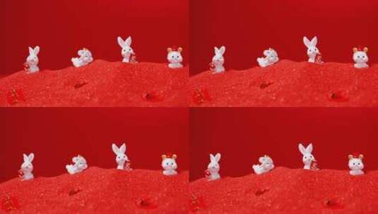 喜庆红沙上可爱兔玩具高清在线视频素材下载