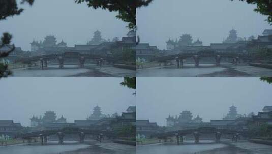 雨天的传统古建筑江南古风年年红红木小镇高清在线视频素材下载