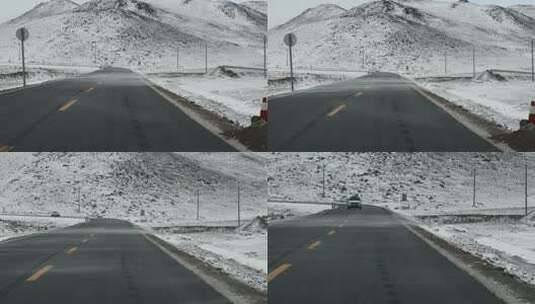 西藏旅游风光219国道冬季路面雪雾侧风高清在线视频素材下载