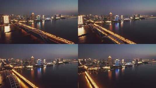 中国哈尔滨松花江铁路桥夜景航拍高清在线视频素材下载