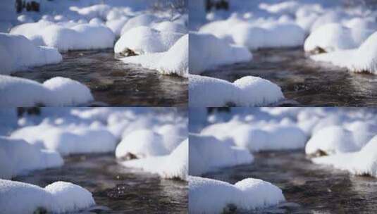 冬天雪地里的河流虚实焦转换特写高清在线视频素材下载
