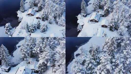 雪山森林雪景木屋日出风光空镜高清在线视频素材下载